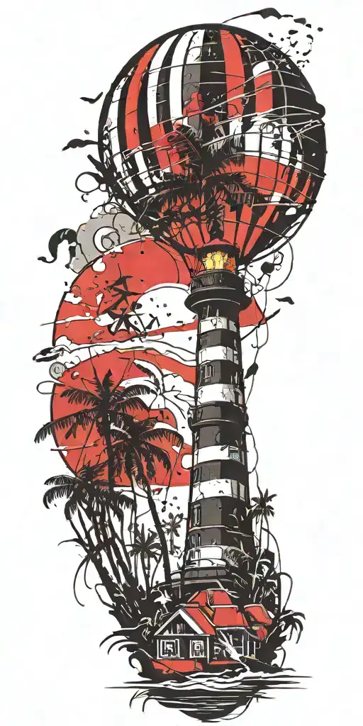 Light House Beach Scene With Palm Trees And Hot Air Balloons
