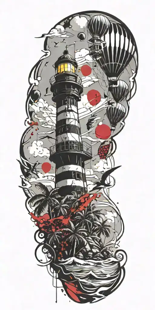 Light House Beach Scene With Palm Trees And Hot Air Balloons