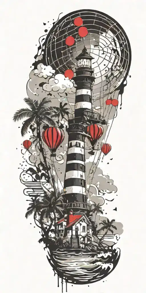 Light House Beach Scene With Palm Trees And Hot Air Balloons