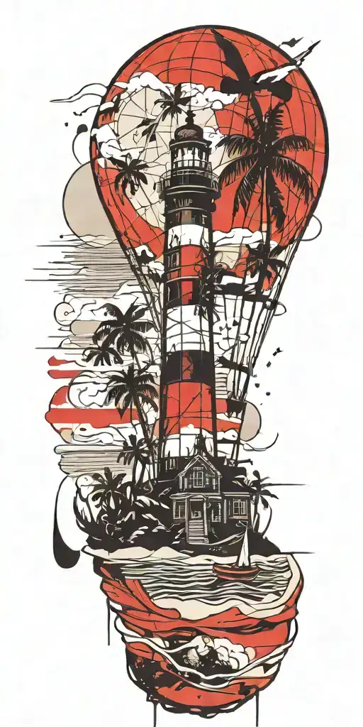 Light House Beach Scene With Palm Trees And Hot Air Balloons