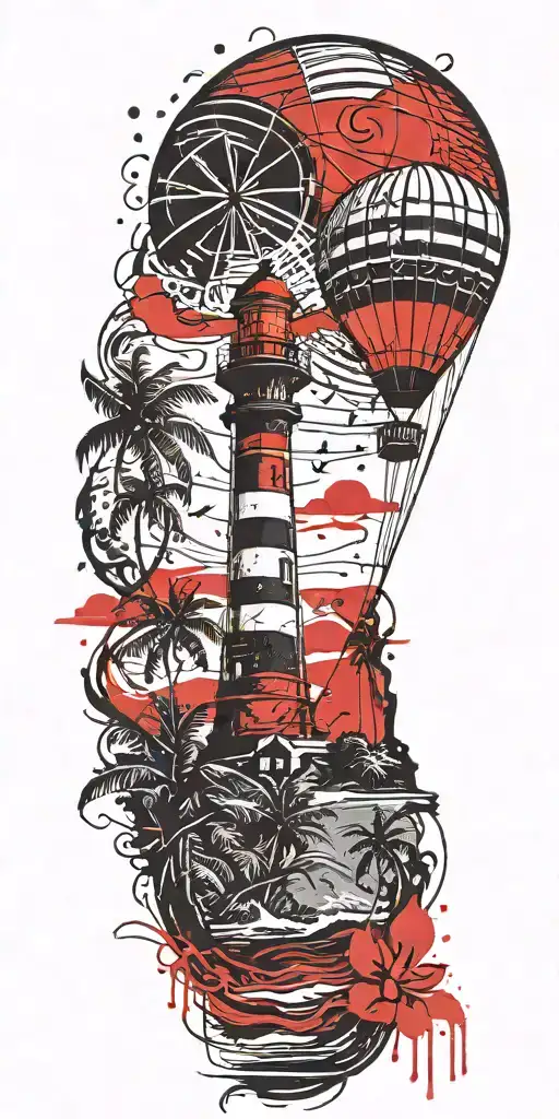 Light House Beach Scene With Palm Trees And Hot Air Balloons