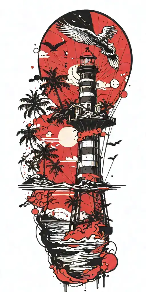 Light House Beach Scene With Palm Trees And Hot Air Balloons