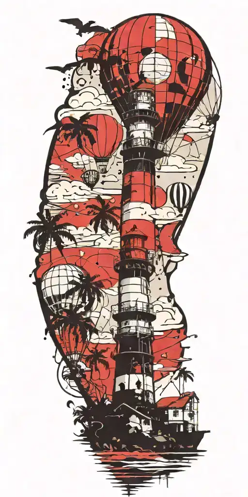 Light House Beach Scene With Palm Trees And Hot Air Balloons