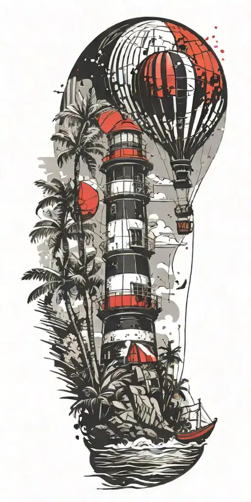 Light House Beach Scene With Palm Trees And Hot Air Balloons