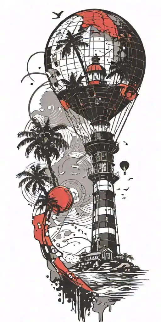 Light House Beach Scene With Palm Trees And Hot Air Balloons