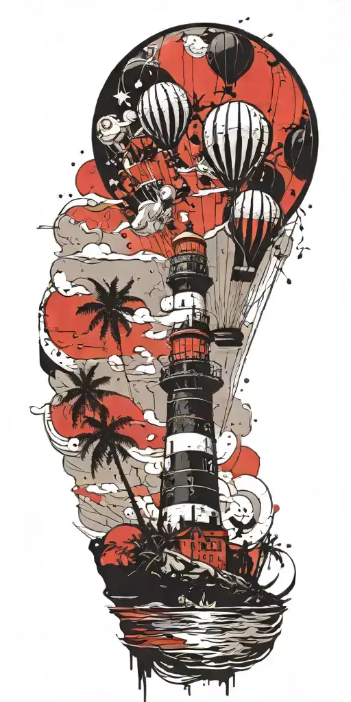 Light House Beach Scene With Palm Trees And Hot Air Balloons