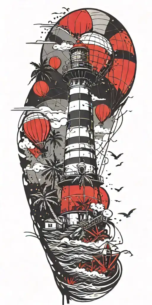 Light House Beach Scene With Palm Trees And Hot Air Balloons