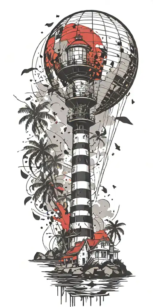 Light House Beach Scene With Palm Trees And Hot Air Balloons