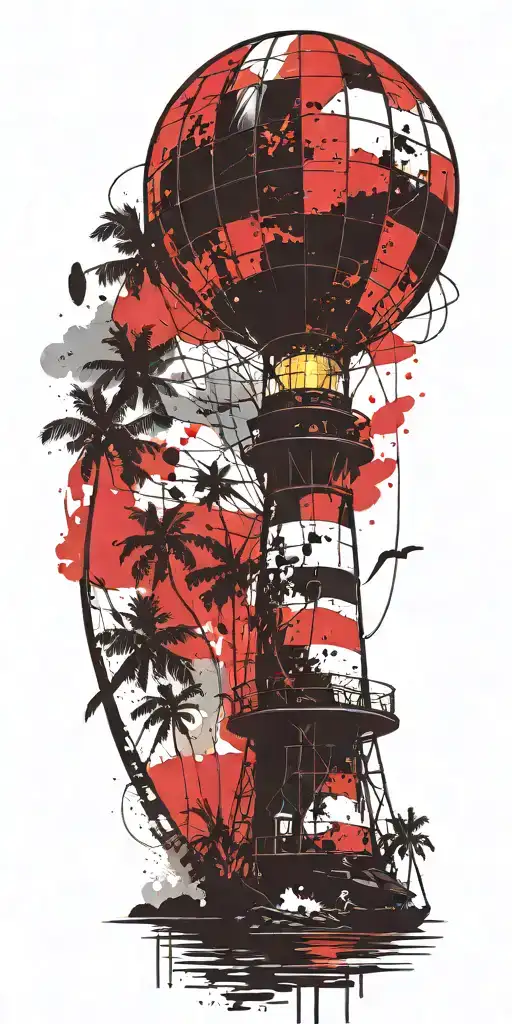 Light House Beach Scene With Palm Trees And Hot Air Balloons