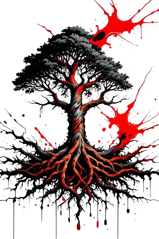 Tree Branch Intertwined With Norse Yggdrasil Tree With Braided Roots