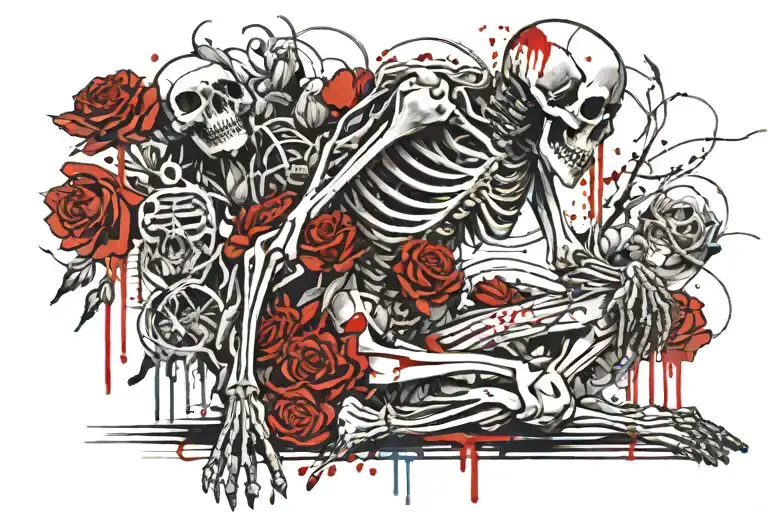 Praying Full Body Skeleton Kneeling On Full Length Blood Drip Rose