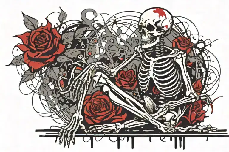 Praying Full Body Skeleton Kneeling On Full Length Blood Drip Rose