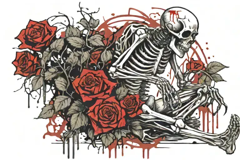 Praying Full Body Skeleton Kneeling On Full Length Blood Drip Rose