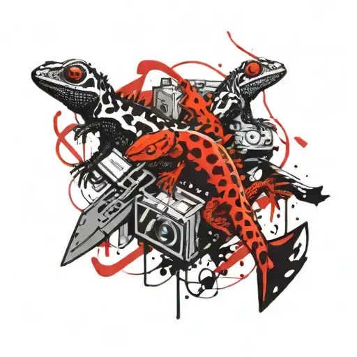 Design A Black And Red Tattoo Of A Family Of Geckos Playing Video Games Together