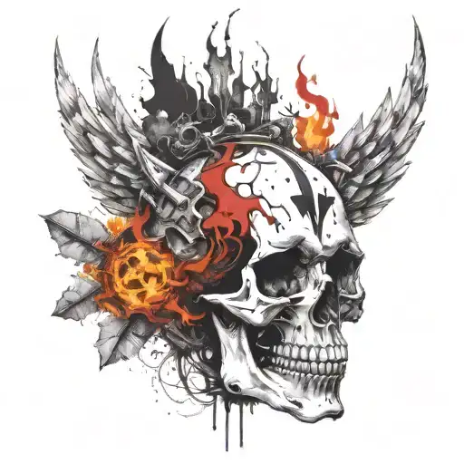 Heavy Metal Skull On Fire With An Inverted Cross