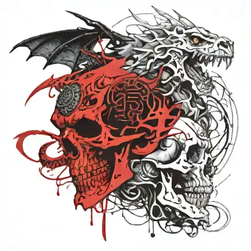 Dragon Two Heads Wrapped Around Skull