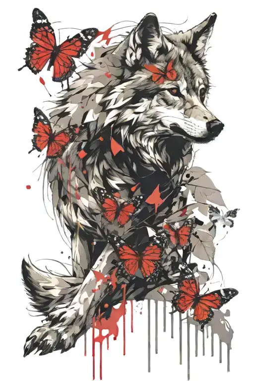 An Angry Wolf Comes Out Of The Distinctive Forest And A Red Butterfly Sits On His Ear