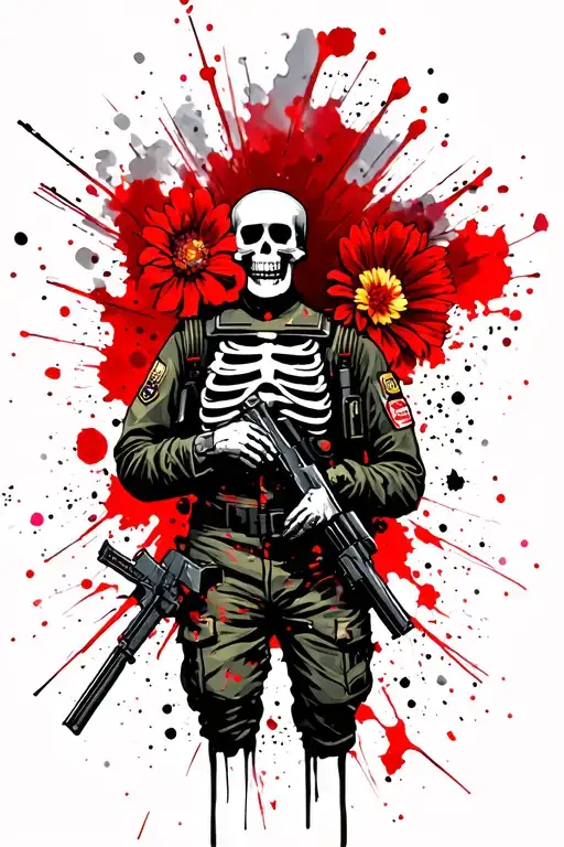 Tactical Skeleton In A Military Uniform With A Flower In His Hands On The Background Of An Explosion