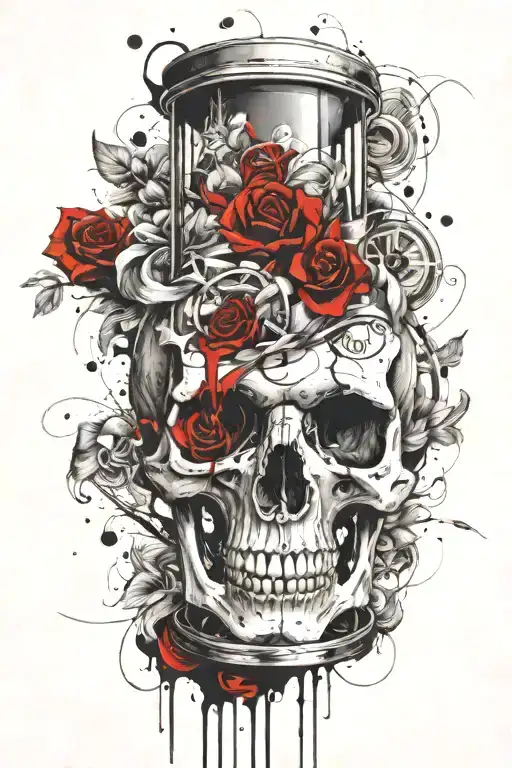 Hour Glass Filled With Flowers In Upper Chamber And Sand Turning Into A Skull In Bottom Chamber