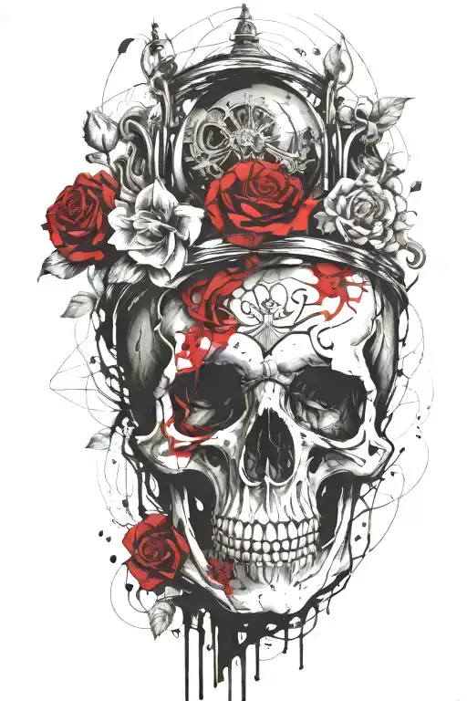 Hour Glass Filled With Flowers In Upper Chamber And Sand Turning Into A Skull In Bottom Chamber