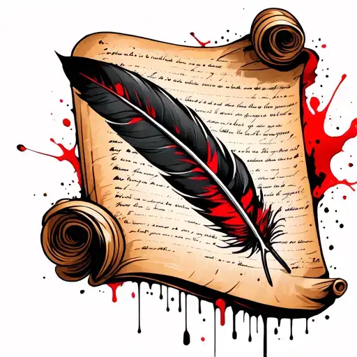 Feather Quill Pen Writing On A Scroll