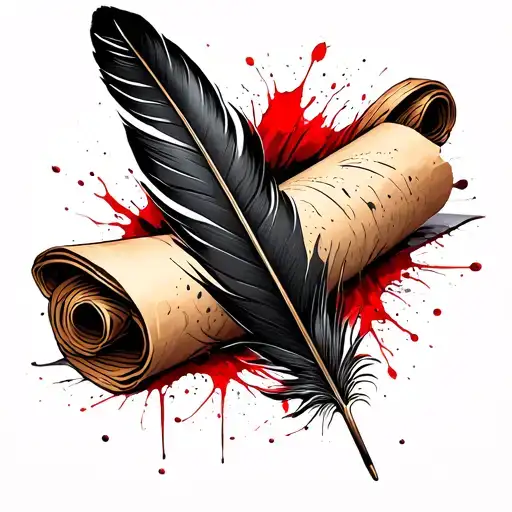 Feather Quill Pen Writing On A Scroll