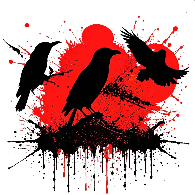 Crow Silhouettes From Left Shoulder Going Down The Back Flying Across A Red Trash Polka Sun