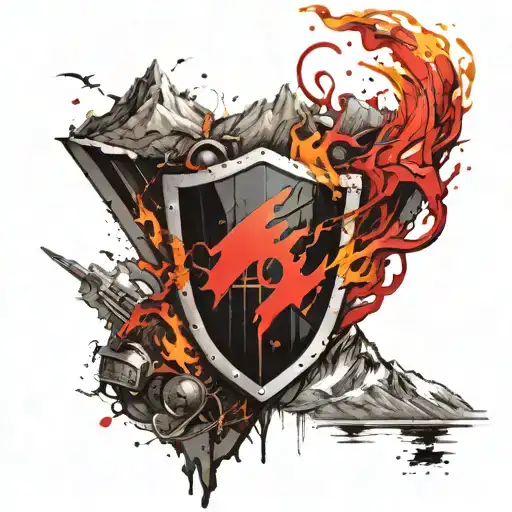 A Shield On Fire With A Mountain Inside