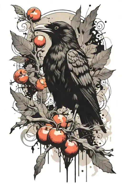 Crow Holding A Peach Fruit Bat With Branch