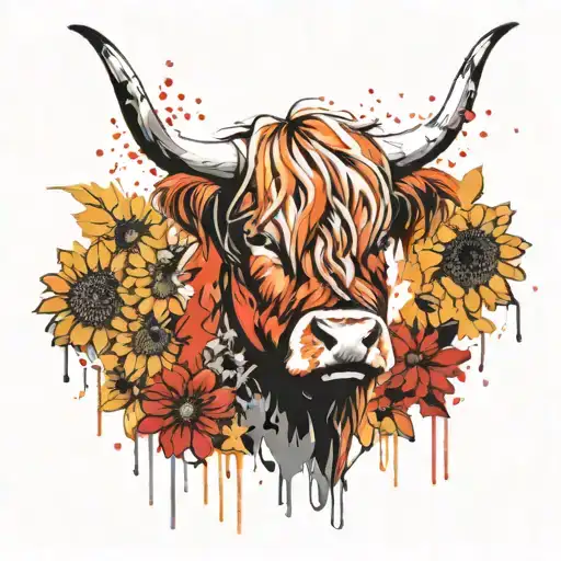 Highland Cow With Sunflowers Behind It