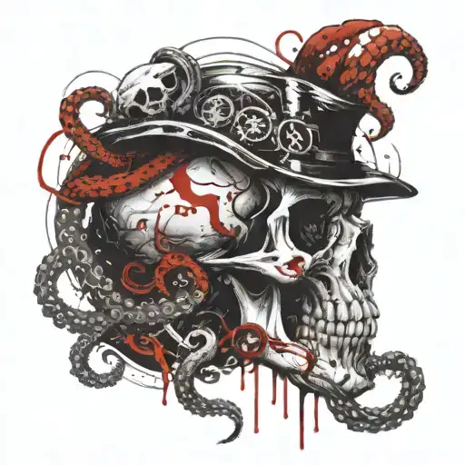 Octopus Wrapped Around Skull Holding Compass In Mouth