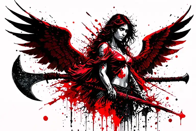 Protective Angel With Big Wings And Big Double Axe