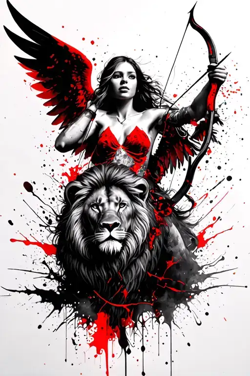 Fallen Angel Holding A Bow And Arrow With A Lion