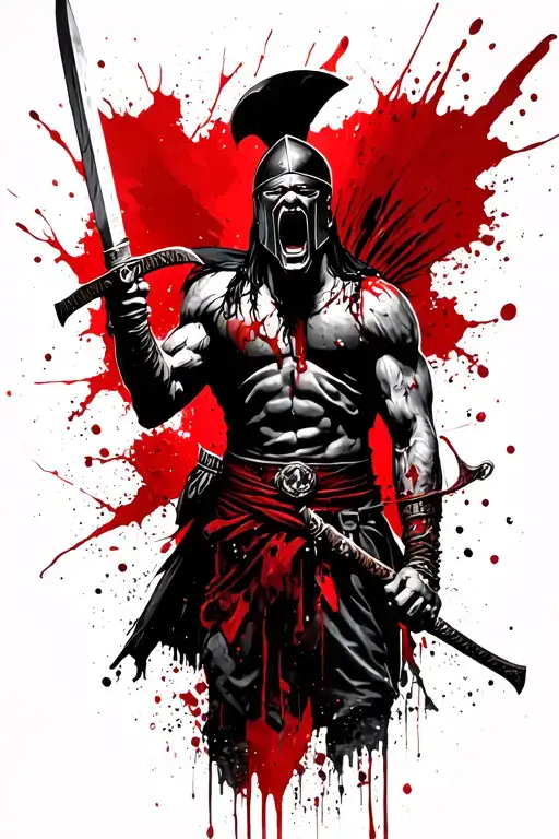 Spartan With Blood Dripping Yelling Upright Holding Sword
