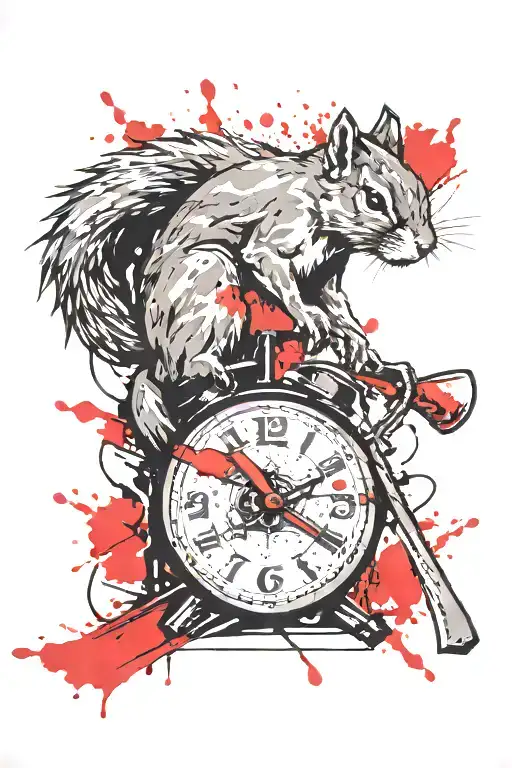 Angry Squirrel With Ax And A Clock