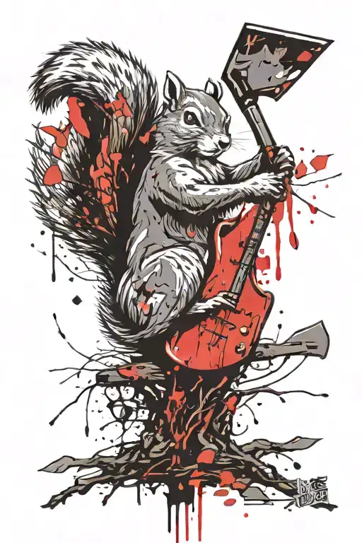Angry Squirrel With Axe And Hammer Carving A Tree