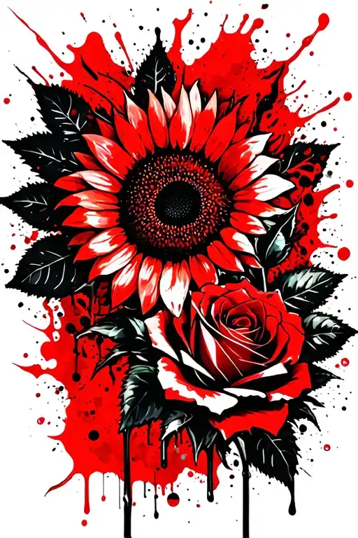 Sunflower And Rose And Leaves