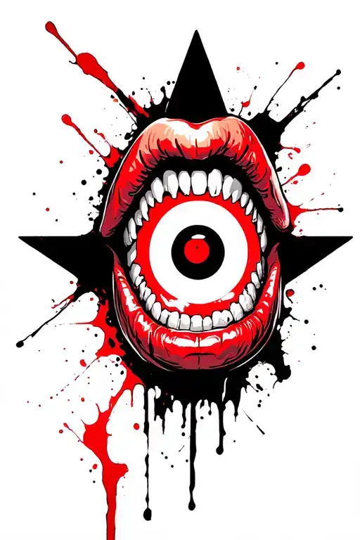Star With Vampire Teeth And A Target With The Bulleye In The Middle Of The Mouth