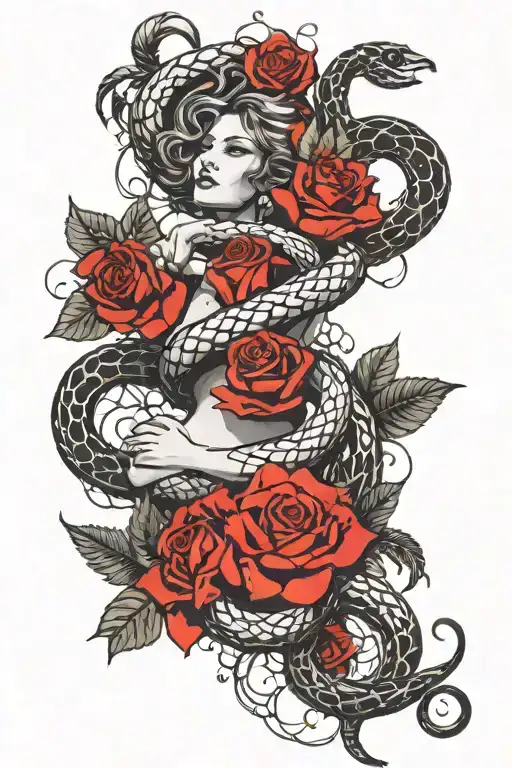 Greek Goddess Snake And Roses Leaves