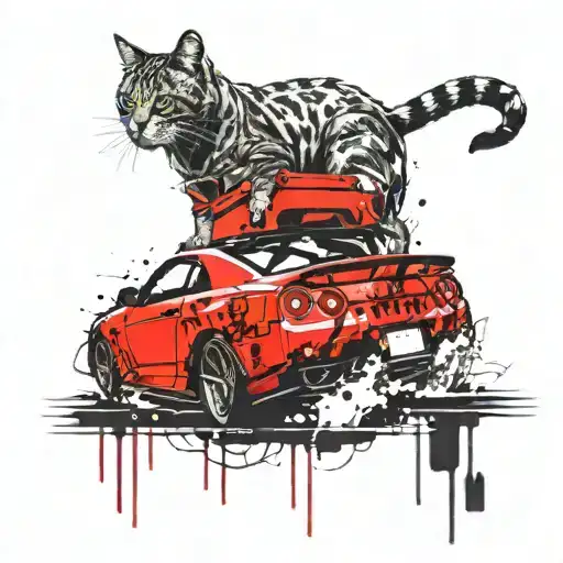 A Cat Sitting On The Bonnet Of A Nissan Skyline Gtr