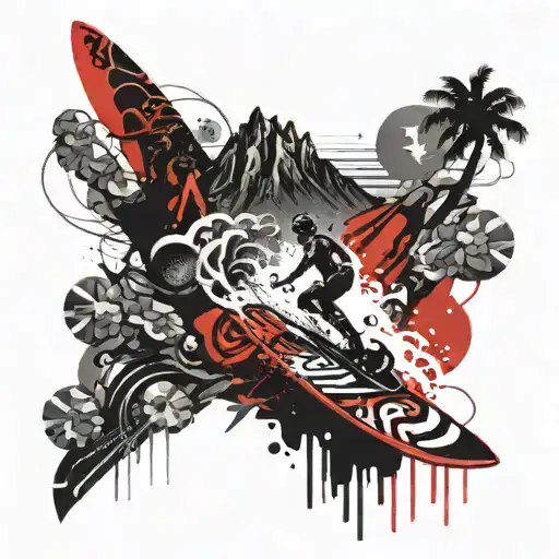 Cyberpunk On Electric Surfboard Surfing On A Volcano