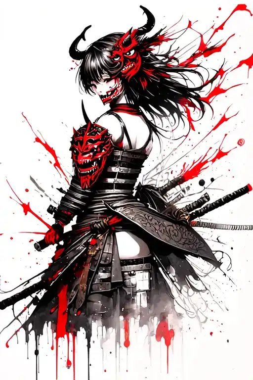Anime Girl Samurai With Demon Mask On Her Back