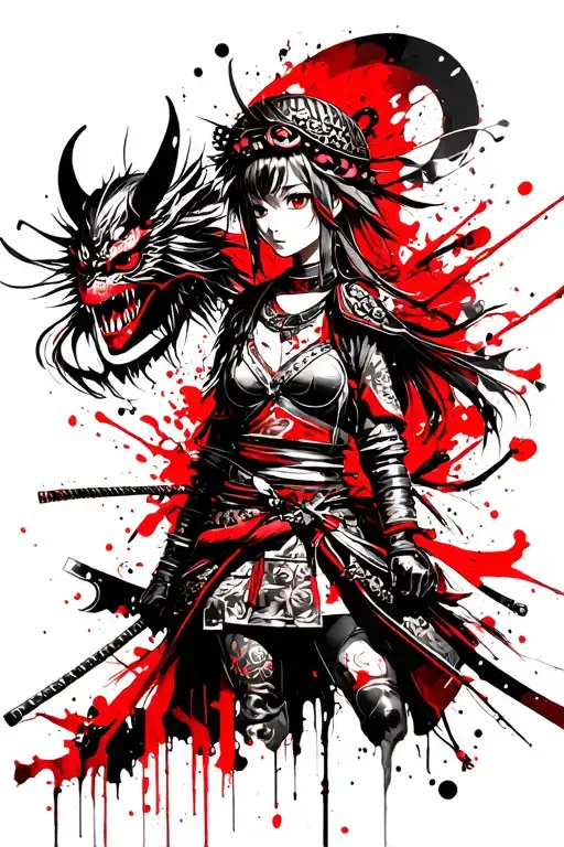 Anime Girl Samurai With Demon Mask In Japanese Style