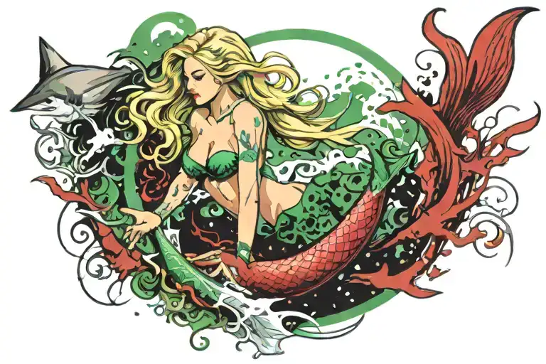 Blonde Mermaid With Green And White Tail In A Circle With Intimidating Scarred Bull Shark