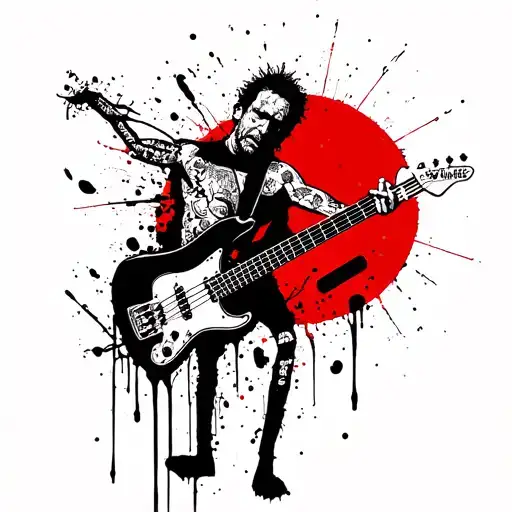 Pearl Jam Stickman Holding A Bass Guitar With The Name Matt On The Neck On Top Of The Godsmack Sun