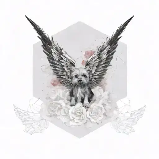 Angel Wings With Yorkshire Terrier Puppy Print In Middle And Red Roses