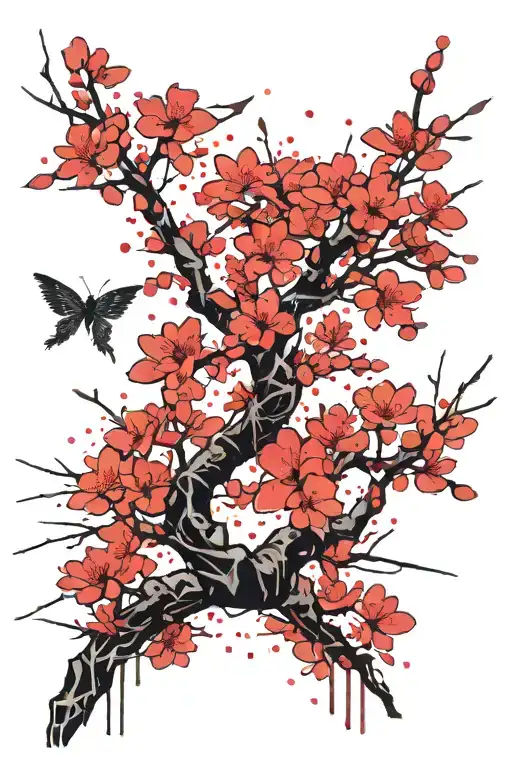 Sakura Tree With Flying Petals