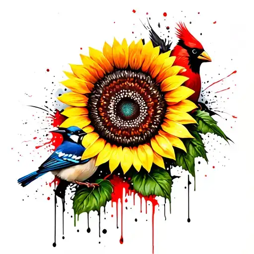 Sunflower With A Blue Jay And A Cardinal