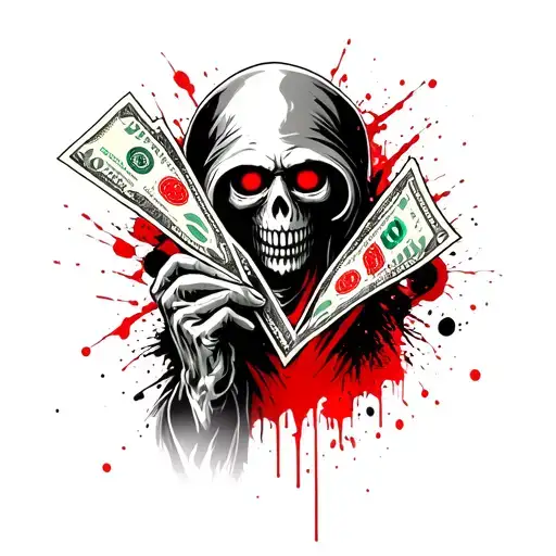 Grim Reaper Holding Red 100 Dollar Bills With Res Eyes