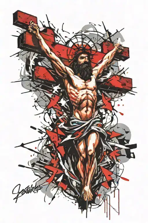 Jesus On The Cross With Light Beams Shining Down And The Holy Spirit In The Background